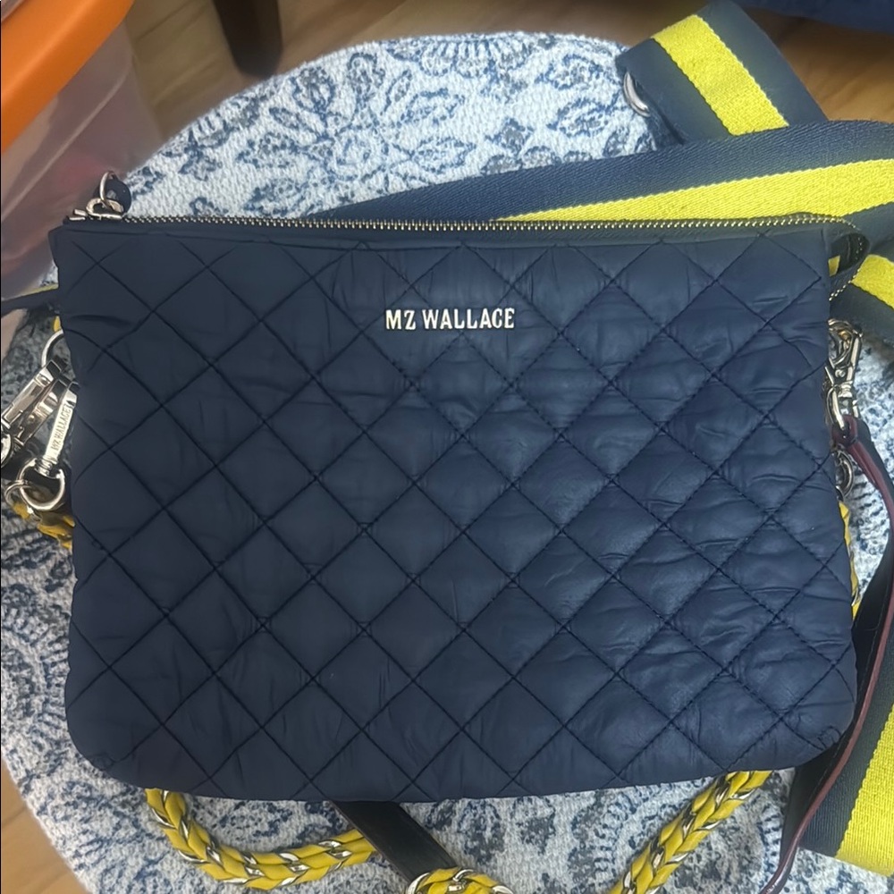 MZ Wallace Navy Crosby Pippa Quilted Bag with Yellow Strap